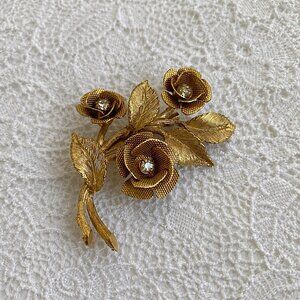 Antique Estate Vintage Flower Bouquet Roses Gem Gold Tone Brooch Pin Jewelry